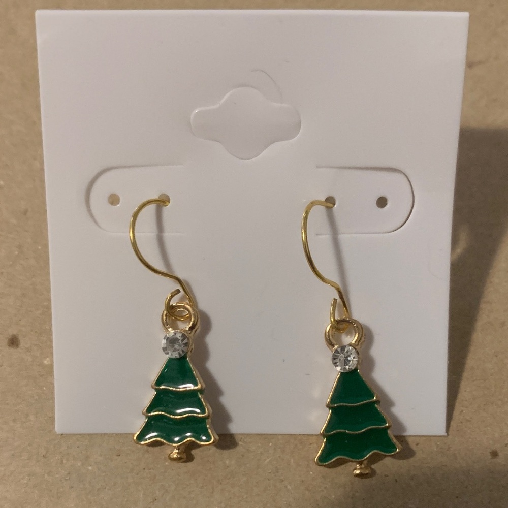Gold and Green Christmas Tree Earrings